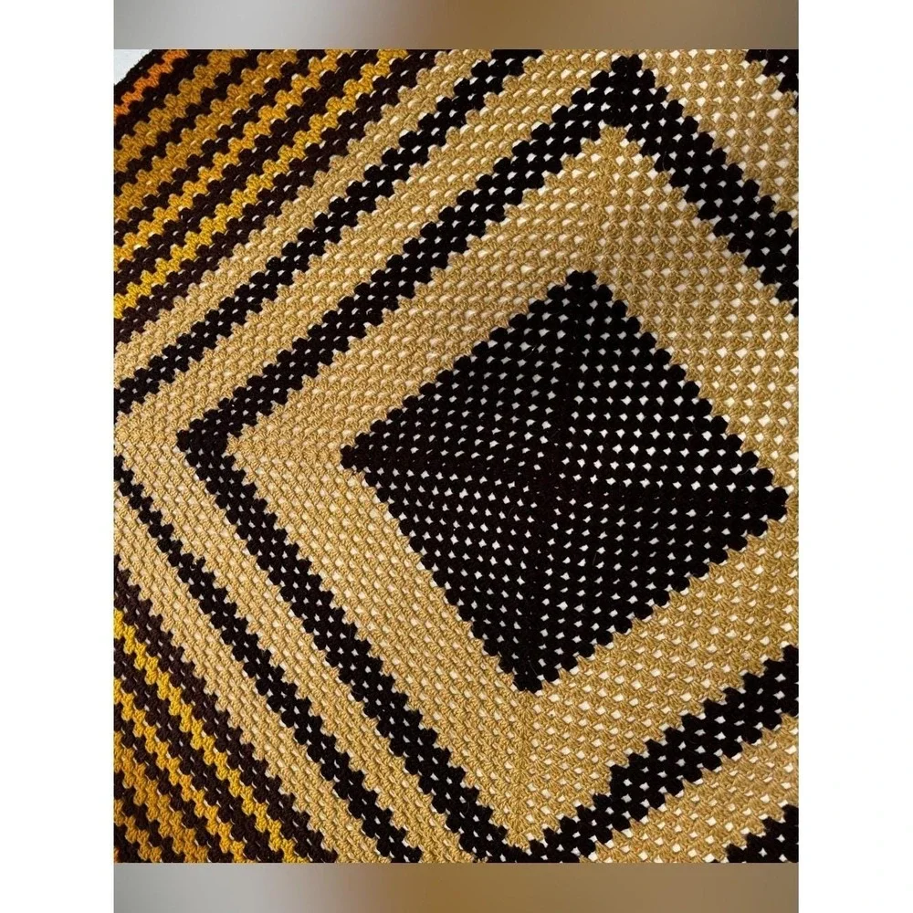 VTG 70s Crochet Afghan Handmade Brown Orange Yellow Band Van Basement Throw